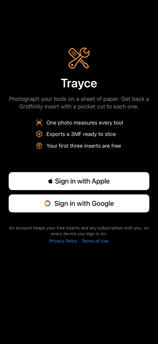 The Trayce sign-in screen