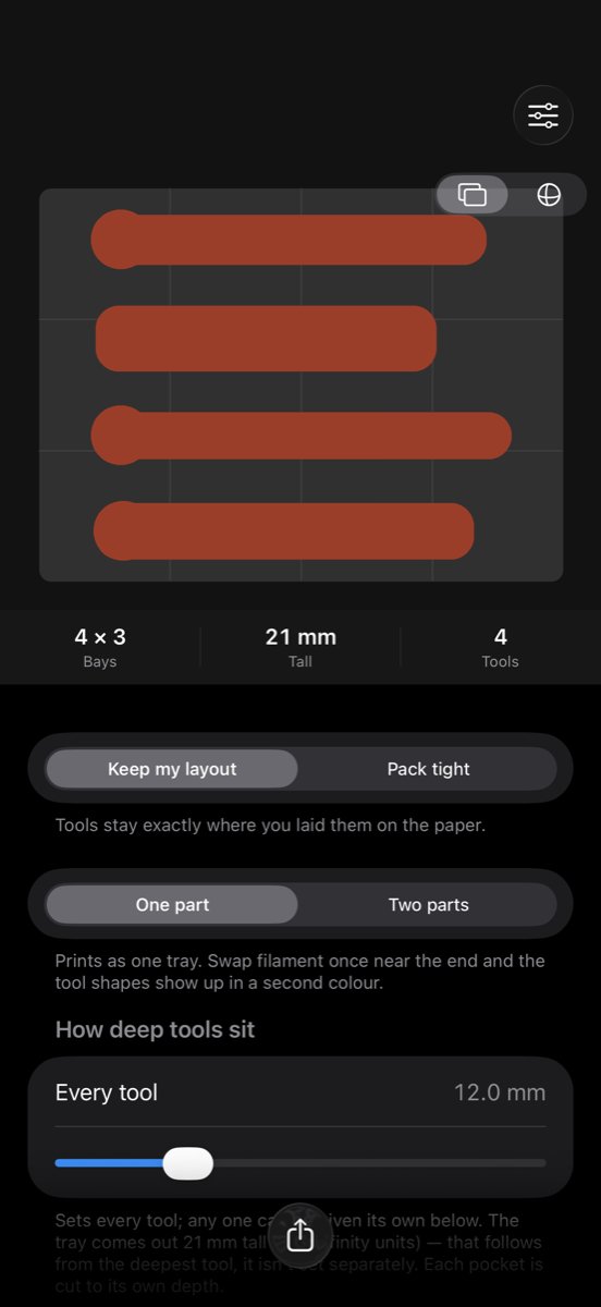 Trayce showing a traced insert with four pockets on a 4 by 3 Gridfinity grid