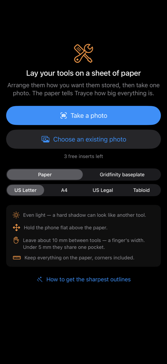 The Trayce capture screen