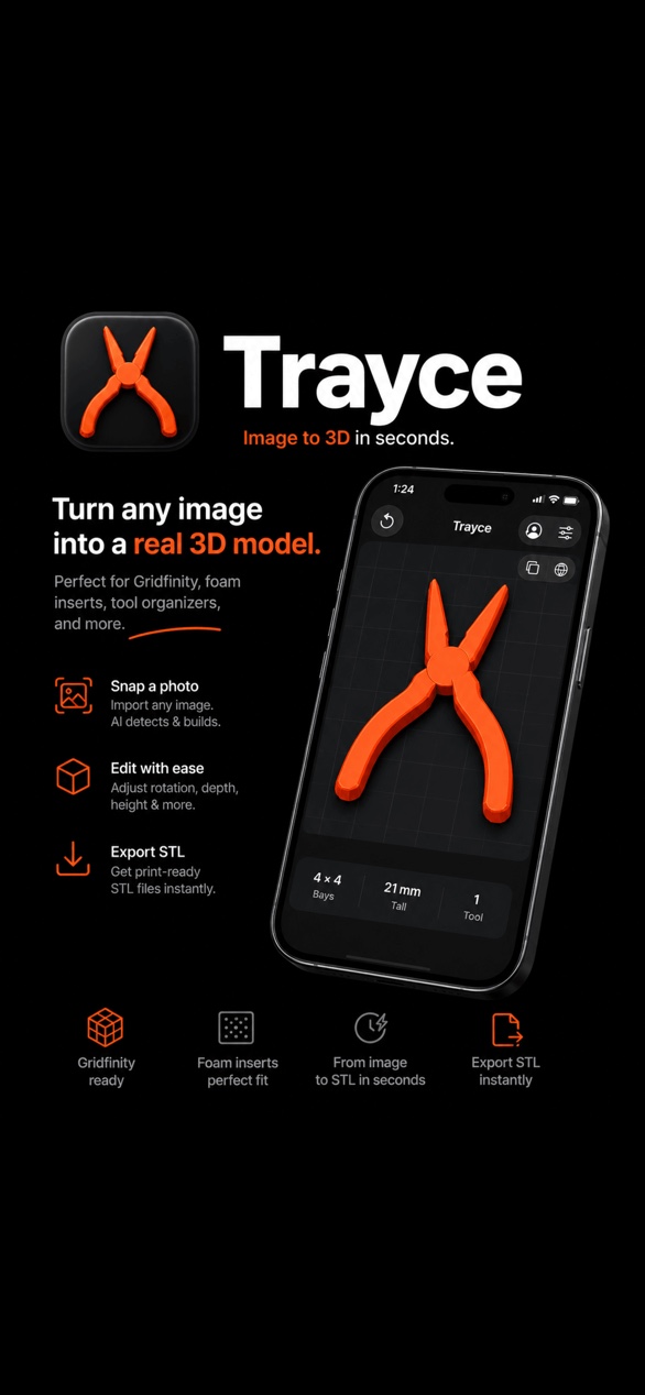 Trayce marketing art: tools traced into a dark Gridfinity tray