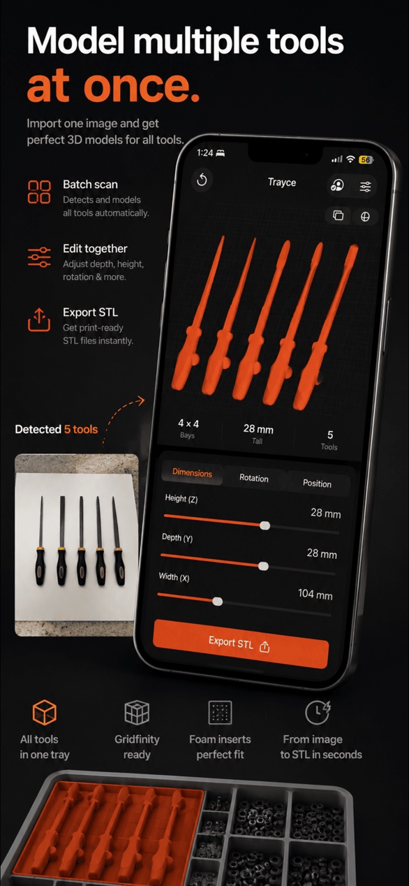 Photograph your tools: an orange Gridfinity tray holding a full driver set